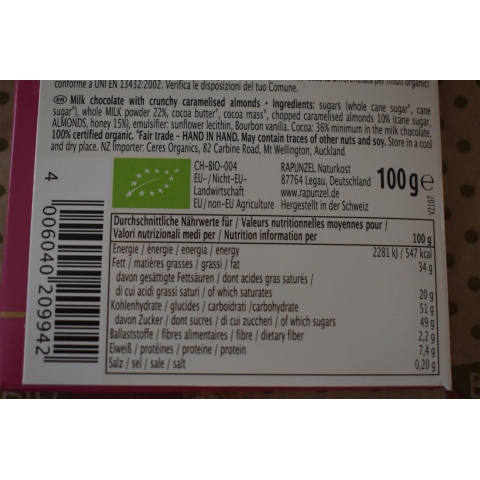 Bio Gebrannte Mandel Schokolade 100g (Rapunzel)